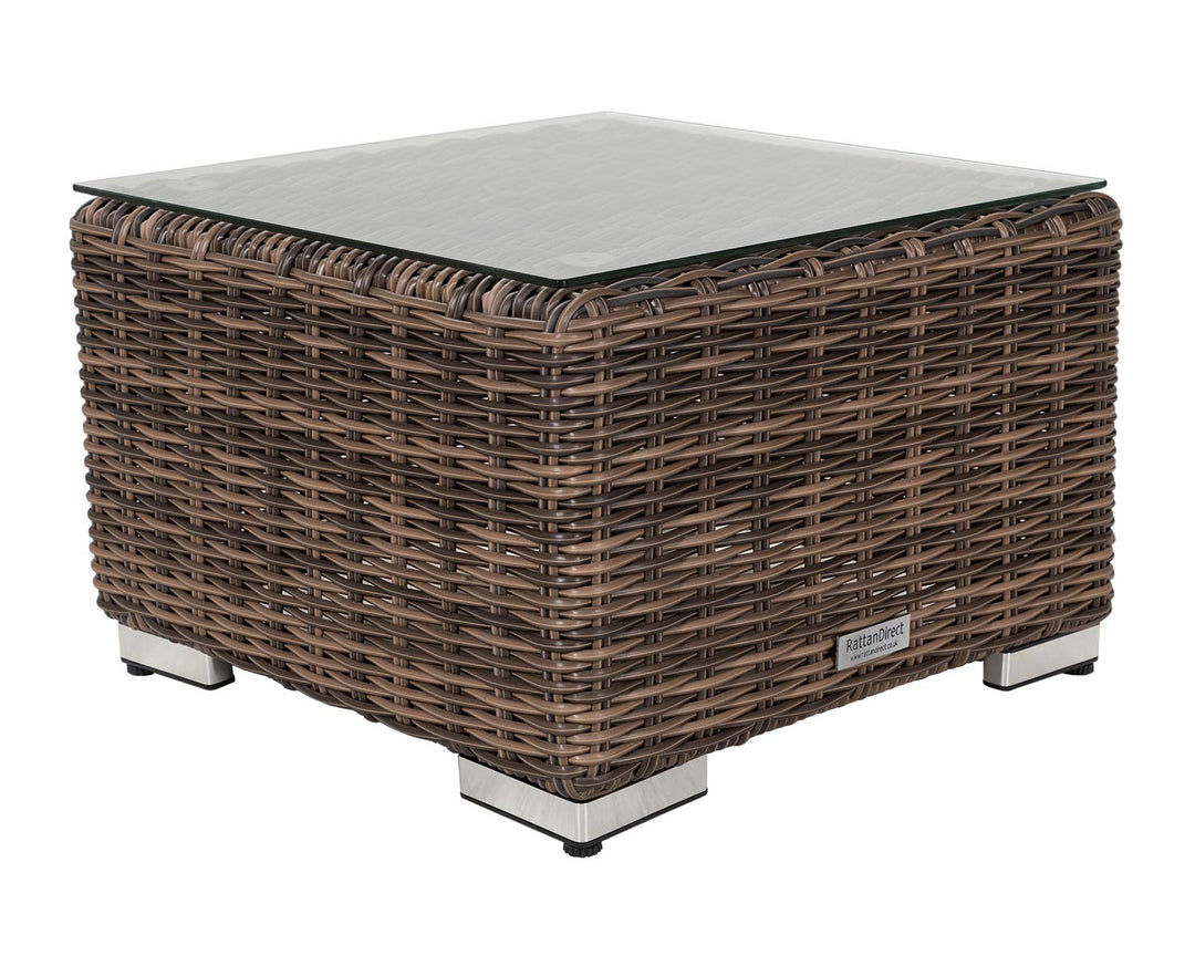 Small Square Rattan Garden Side Table in Truffle Brown With Glass Top - Rattan Direct