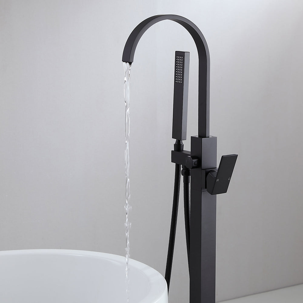 Dree Freestanding Matte Black Bath Filler Tap and Handheld Shower with High-Arc Spout