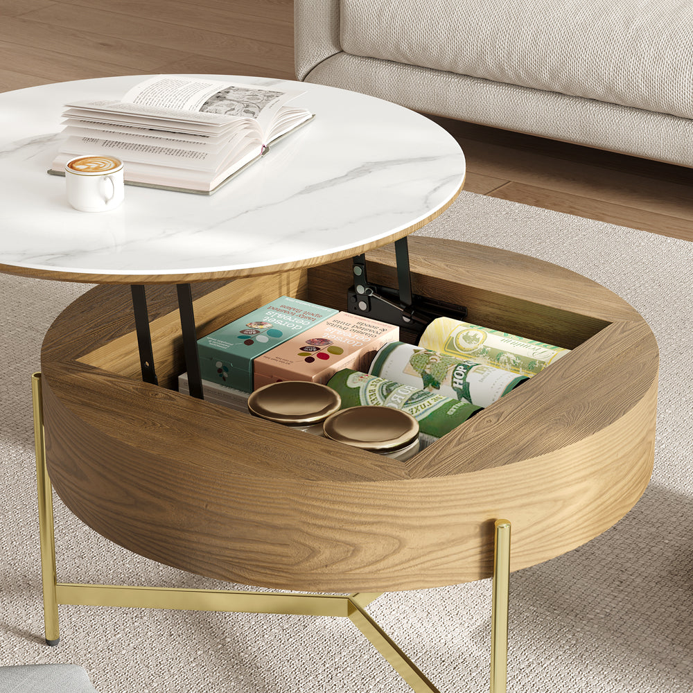 Round Lift-Top White & Walnut Coffee Table with Storage White & Walnut