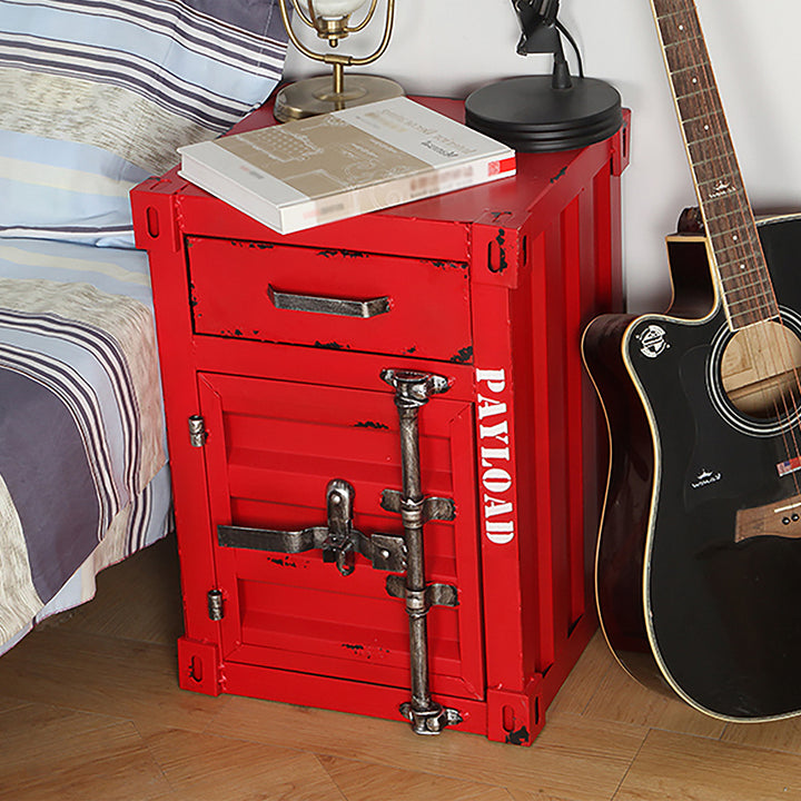 Ctainer Industrial Loft Red Nightstand Retro Bedside Storage Cabinet with Door & Drawer