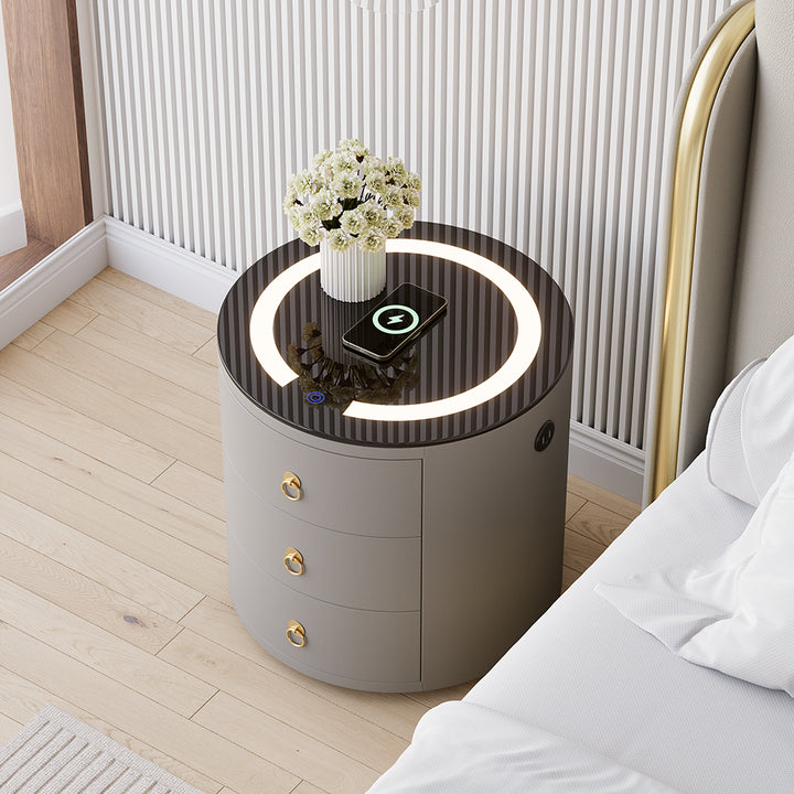 Modern Grey Round Nightstand with Light & Wireless Charging & Speakers & USB Port