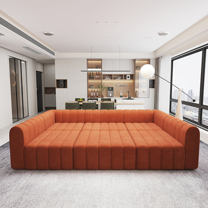 118.9" Velvet Convertible Modular Sectional Sofa Orange Upholstered 6-Seater Sofa Set