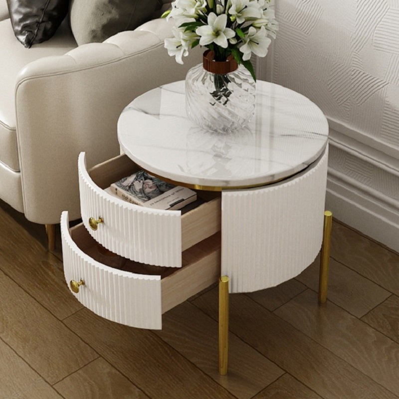 Yelly Modern Round End Table With Storage Drawers White Faux Marble Side Table Gold Legs