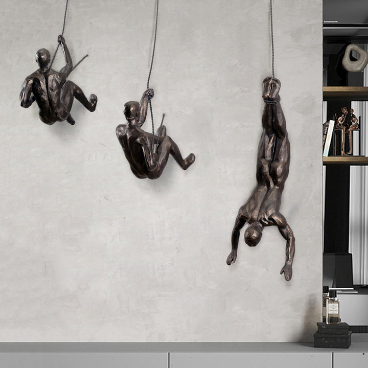 Industrial 3 Pieces Climbing Man Resin Wall Decor in Copper for Living Room & Entryway