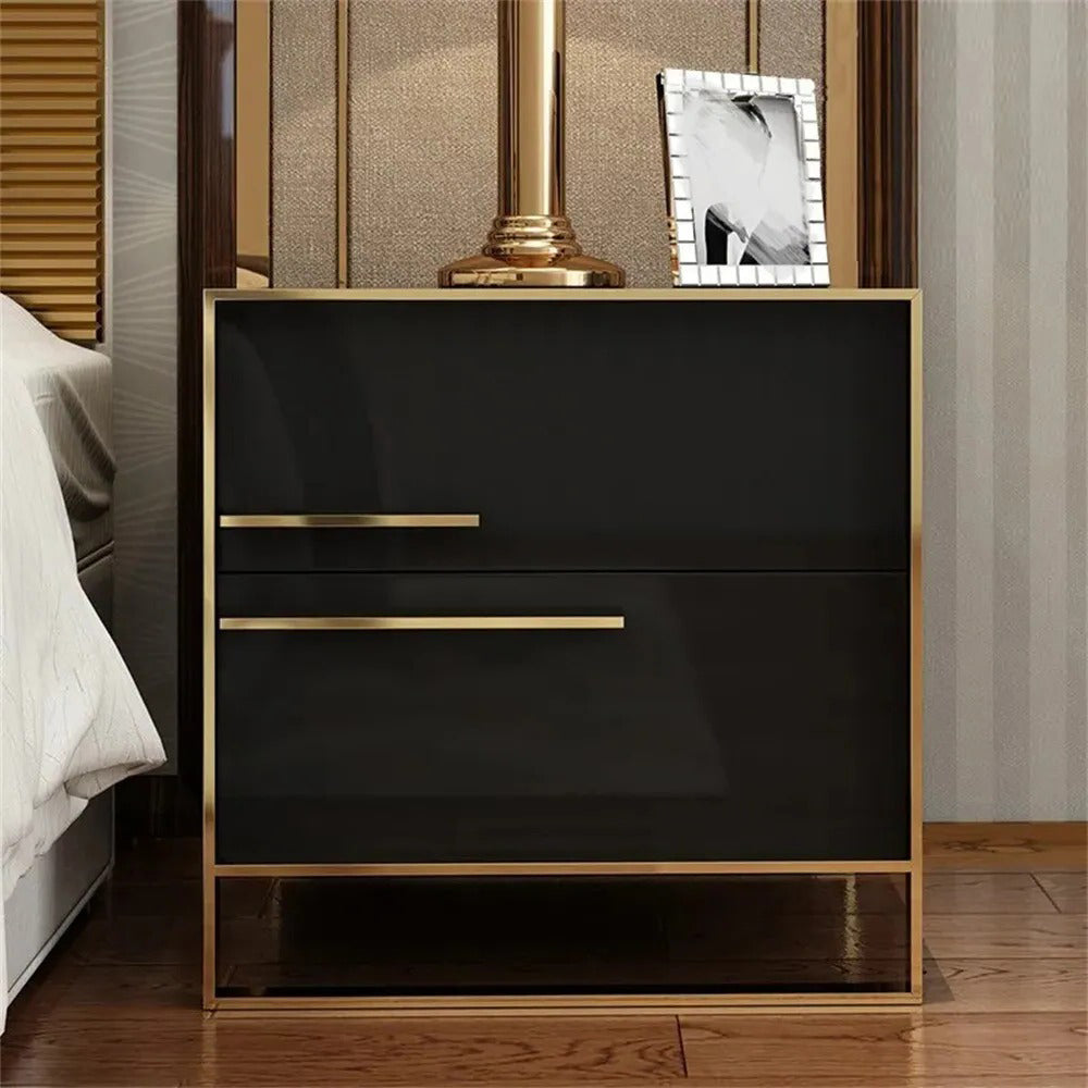 Cylina Modern 2 Drawers Black Lacquer Nightstand Square Bedside Table in Gold, Left