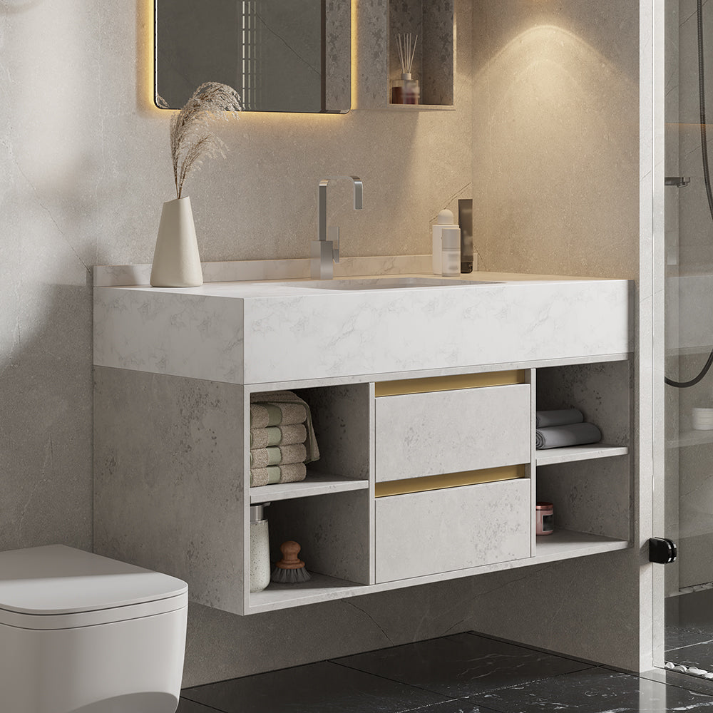 1000mm Floating Ceramic Sink & Shelves in Grey & Bathroom Cabinet Vanity