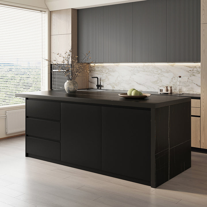 72" Kitchen Islands Marble Veneered Top Black Modern with Storage Kitchen Cabinet