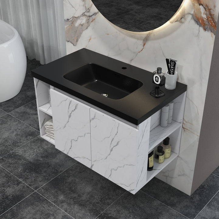 700mm Faux Marble Wall-Hung Bathroom Vanity with Top Stone Slate Countertop & Basin