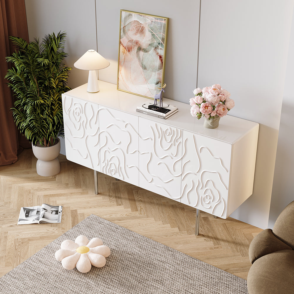 1500mm White Sideboard Buffet with Doors Modern Carved Credenza Adjustable Shelves