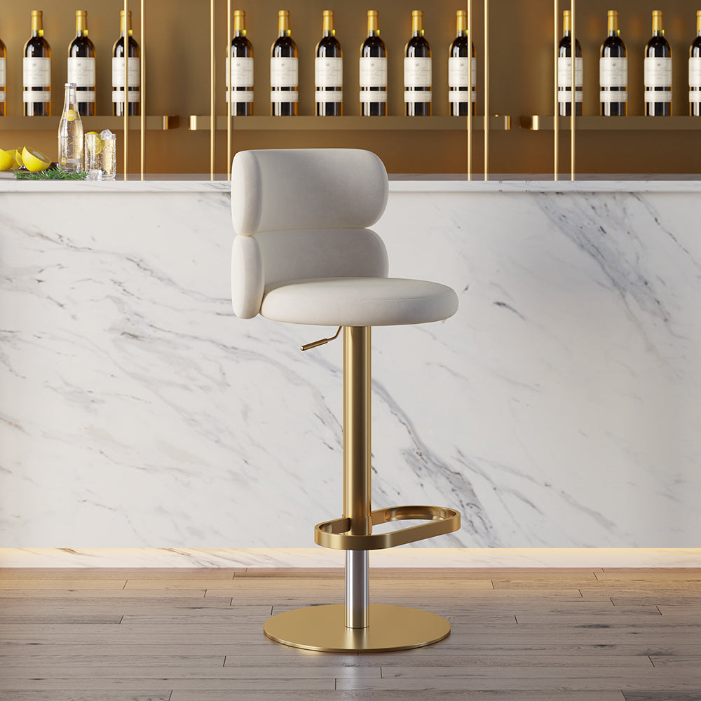 Bar Stool Velvet Upholstery Swivel Beige with Backrest Adjustable Height in Gold Finish Counter Stool