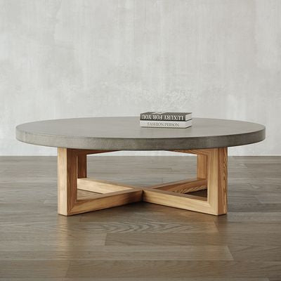 800mm Round Concrete Gray Coffee Table with Cross Legs Pine Wood Base