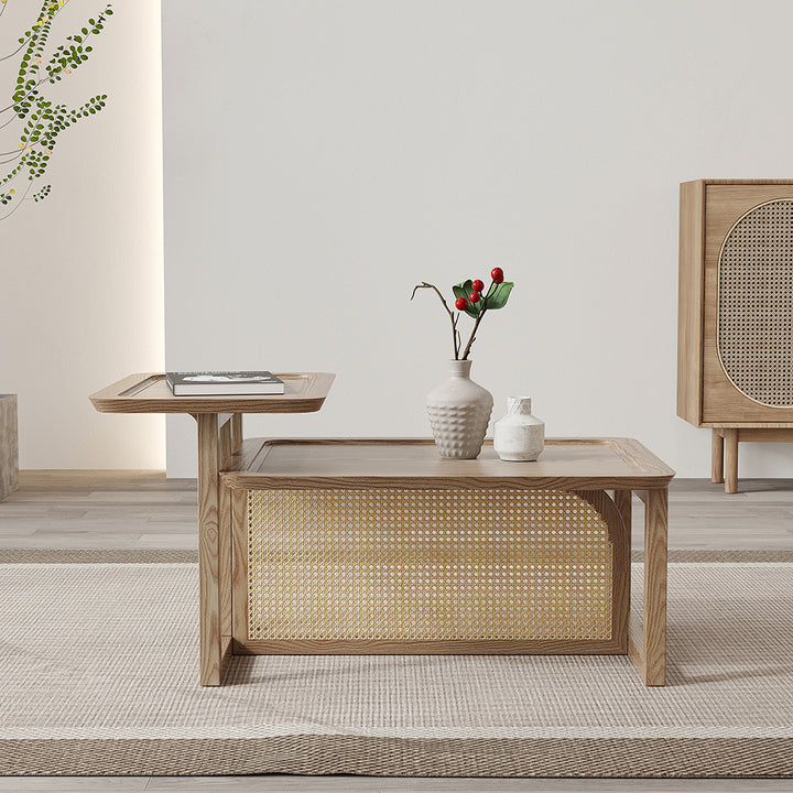 Modern 2 Piece Nesting Rattan Wood Coffee Table Set in Natural