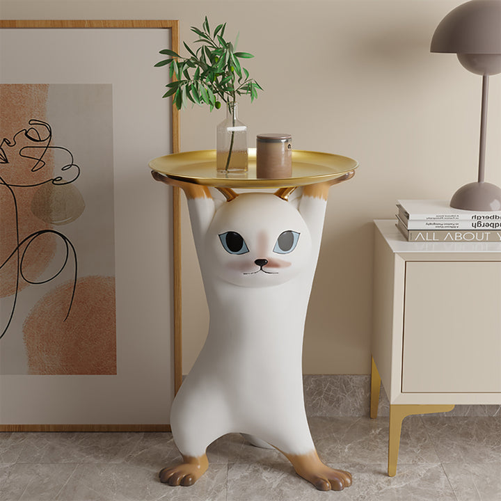 Modern Cat Side Table Floor Resin Figurine with Gold Tray End Table