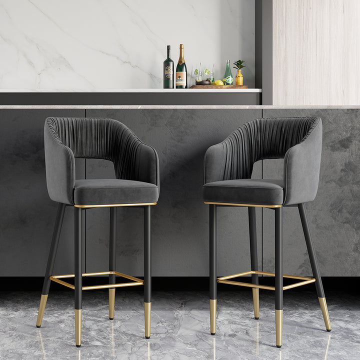 Modern Gray Velvet Upholstered Bar Stool with Low Back & Footrest