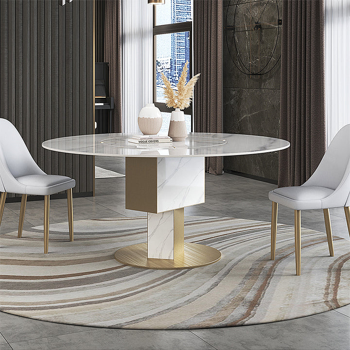 59" Round Dining Table Rotatable Faux Marble for 6 People Affordable Luxury White & Gold