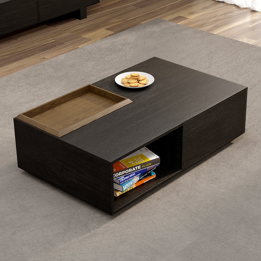 Crator Rectangular Wood Coffee Table with Drawer & Removable Tray top Black & Walnut A