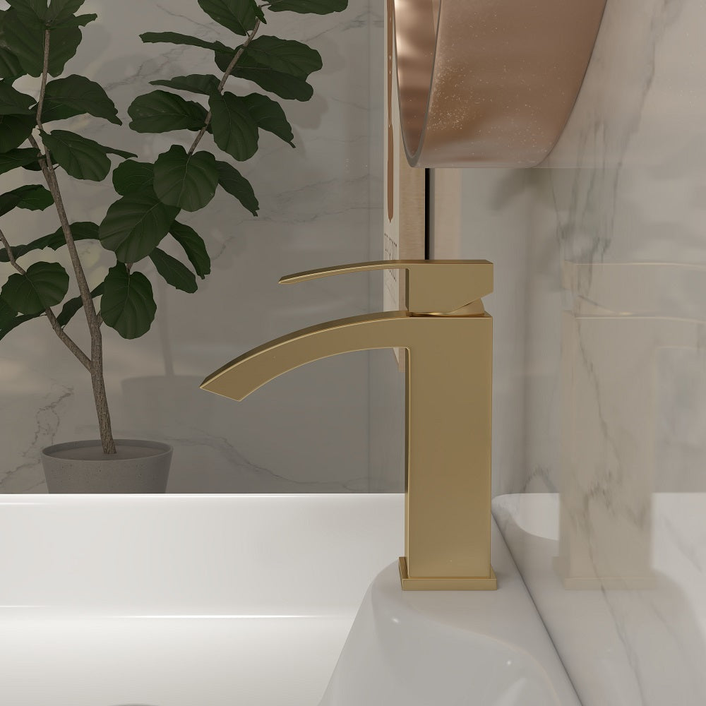 Ridge Contemporary Style Brushed Gold Single Hole Deck Mounted Bathroom Sink Faucet