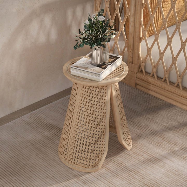 330mm Round Rattan & Ash Wood Side Table Indoor Natural End Table