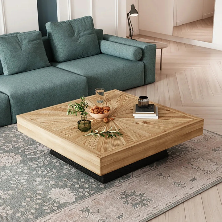 Japandi Square Coffee Table with Wooden Top Black & Natural