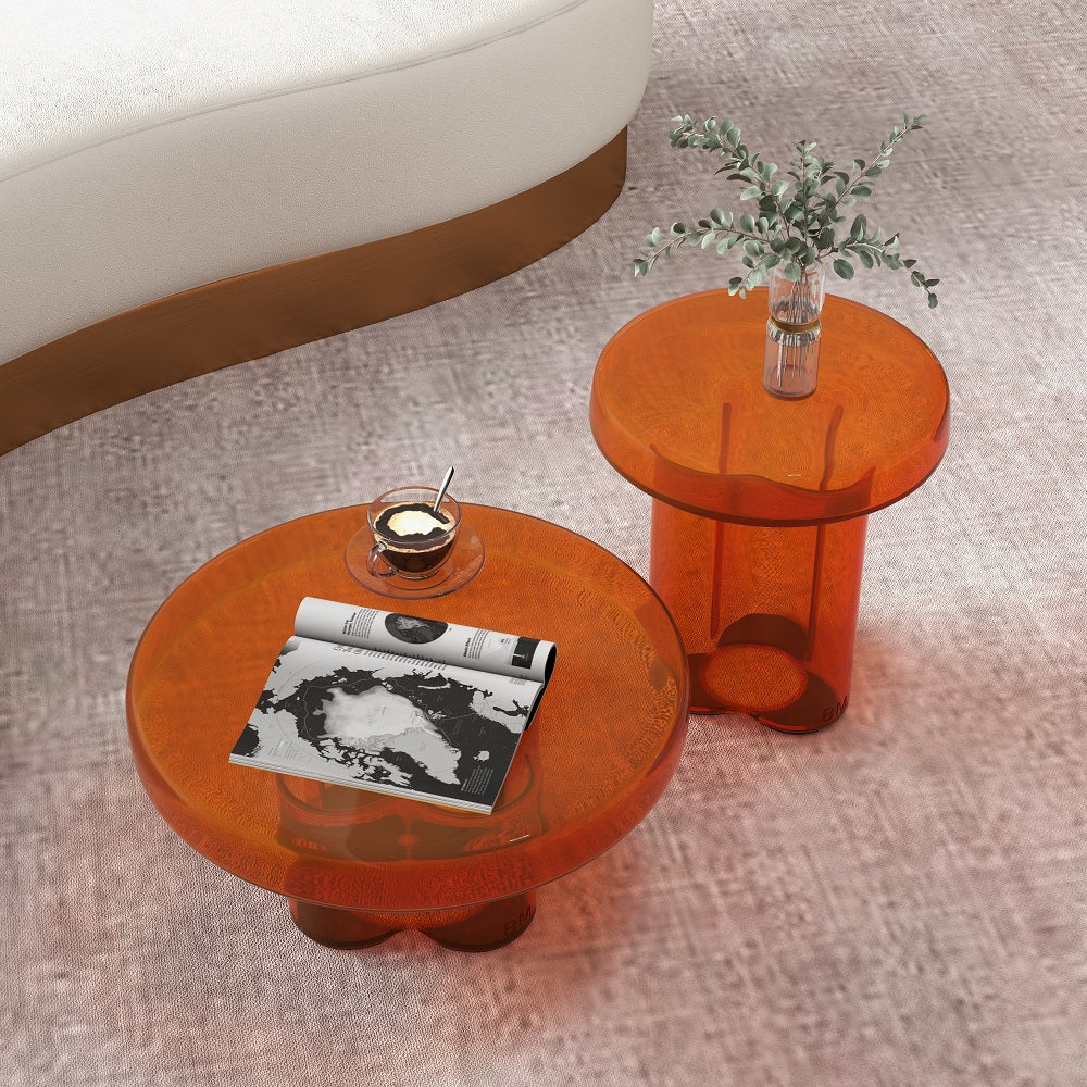 Modern Glass Coffee Table Set 2-Piece Cloud-Shaped in Orange