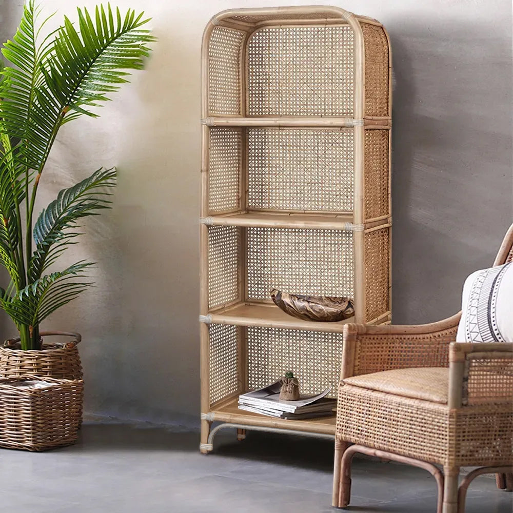 1500mm Natural Rattan Woven Bookcase 4-Tier Open Storage Display Shelving