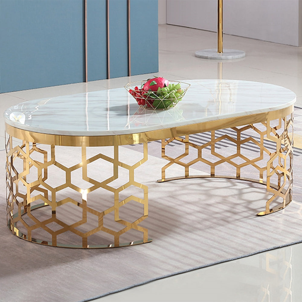 Currs Glam Oval Coffee Table Marble Top with Stainless Steel Frame