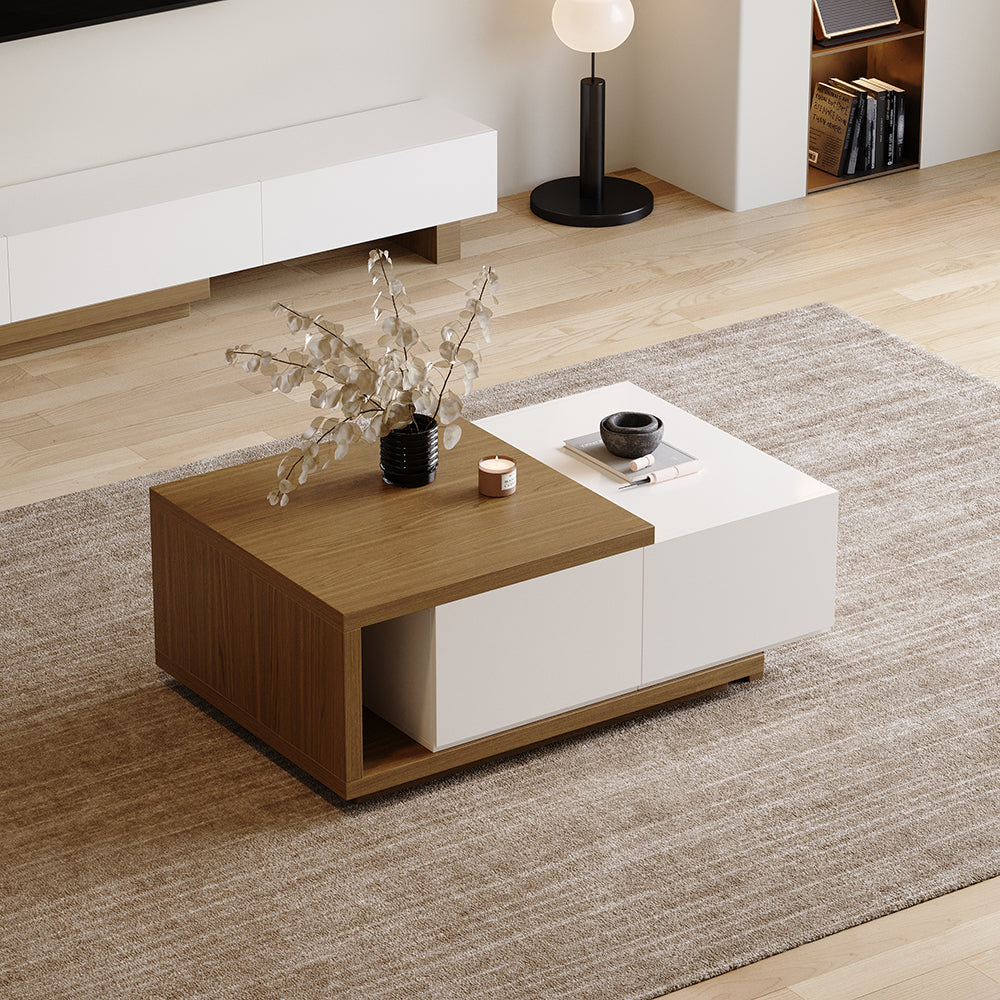 Quoint 1750mm Modern White & Walnut Coffee Table Retracted & Extendable with 2-Drawer