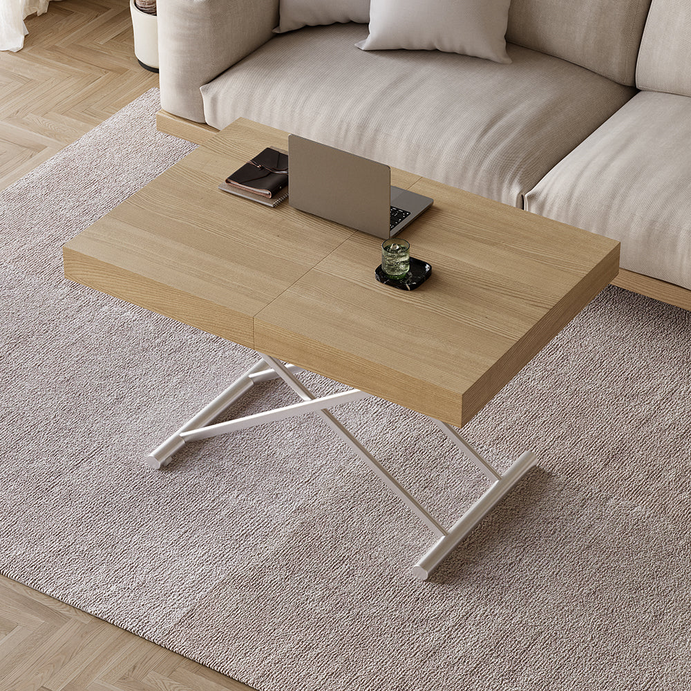 Modern Natural Wood Extendable Coffee Table & Dining Table Rectangle Height Adjustable