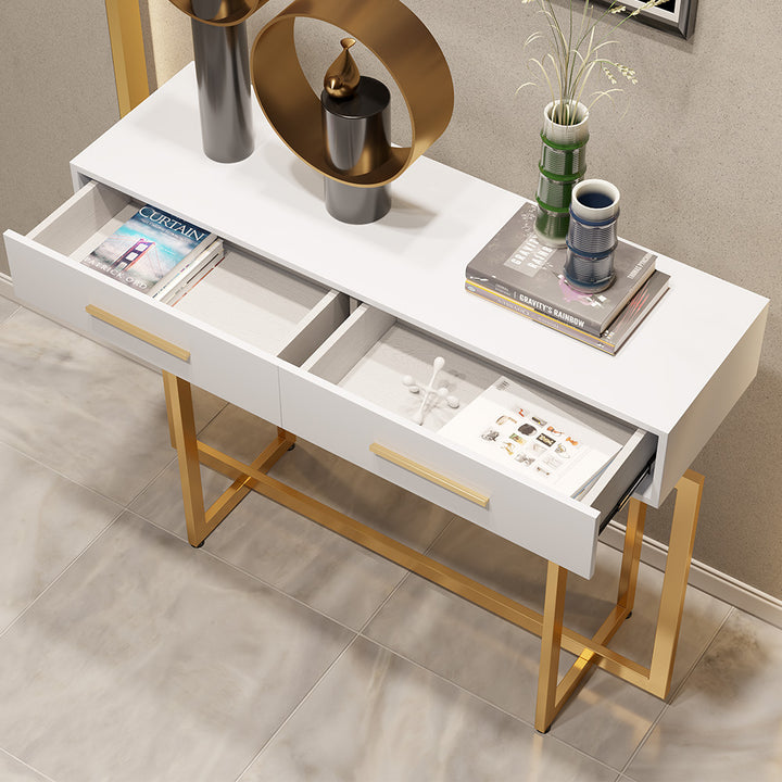 1200mm Narrow Console Table with Storage Drawers White Entryway Table with Metal Legs