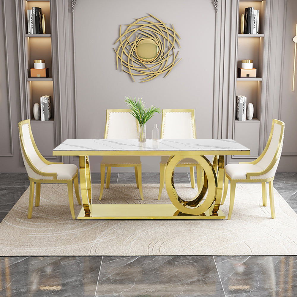 79" Rectangle Marble Dining Table Stainless Steel Base in Luxury Gold Modern White Dining Room Table