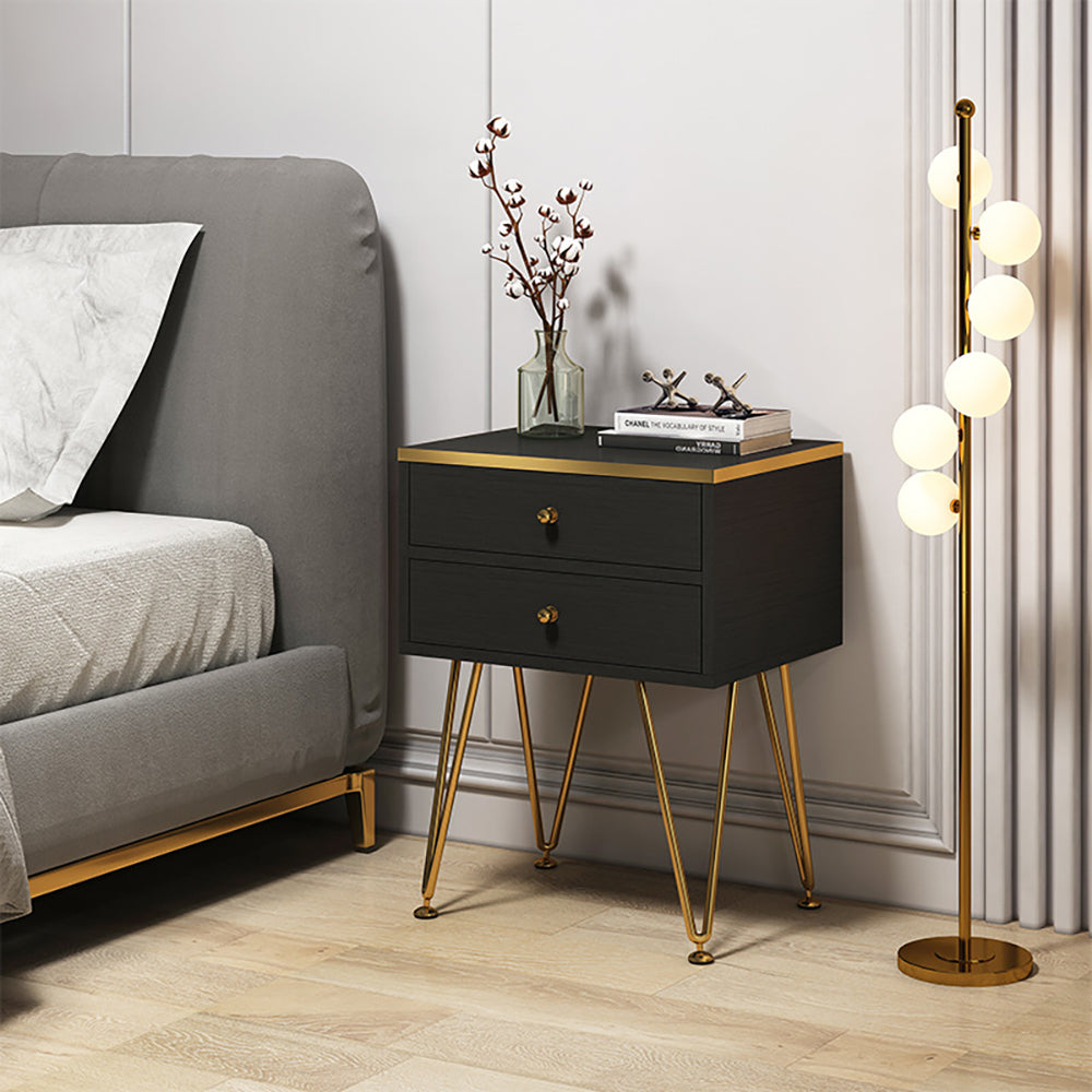 Black Small Nightstand with 2 Drawers Bedside Table Gold Pulls & V-Shaped Legs