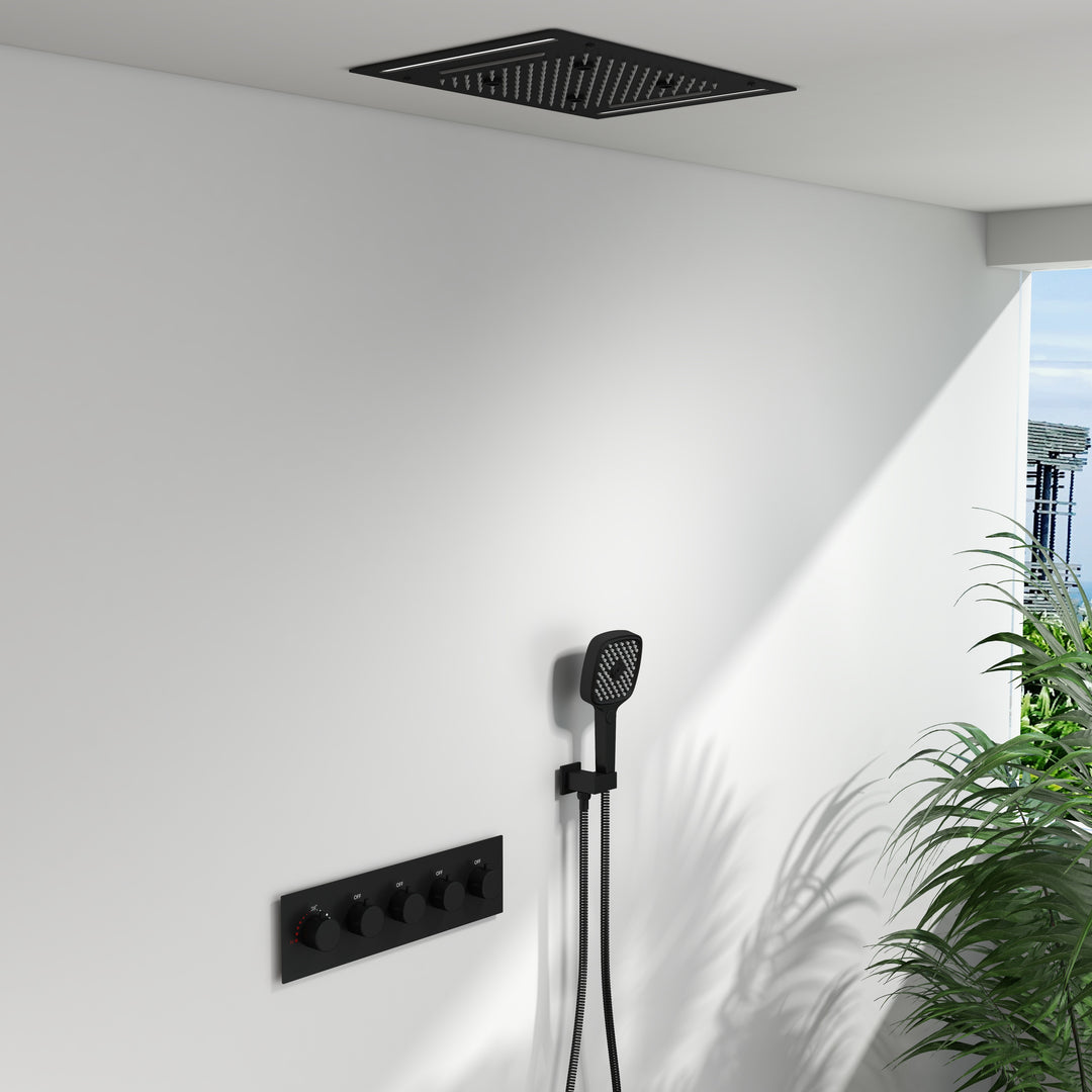 Wall-Mounted 500mm Shower Set Rainfall 4 Functions Thermostatic in Matte Black