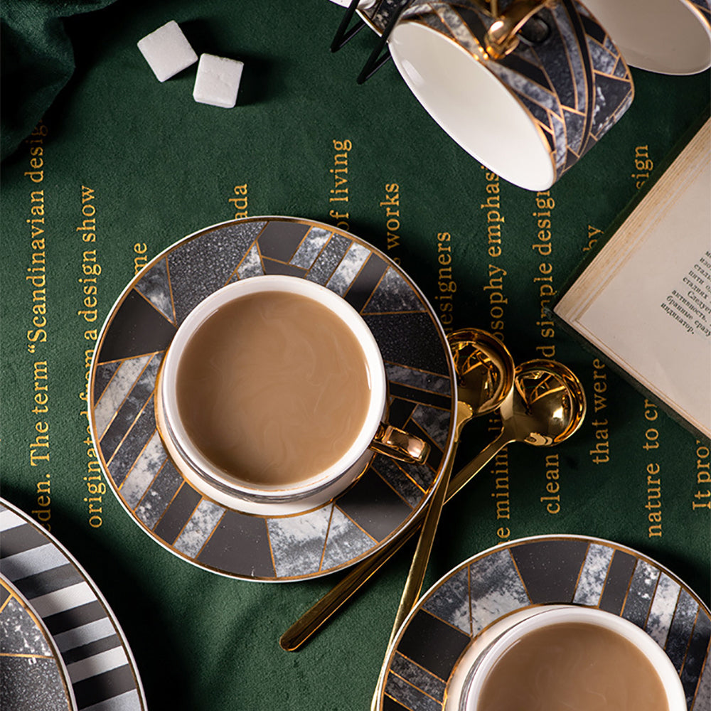 13Pcs Ceramic Cups and Saucers Set with Metal Holder Geometric Gold Trim & Marbling