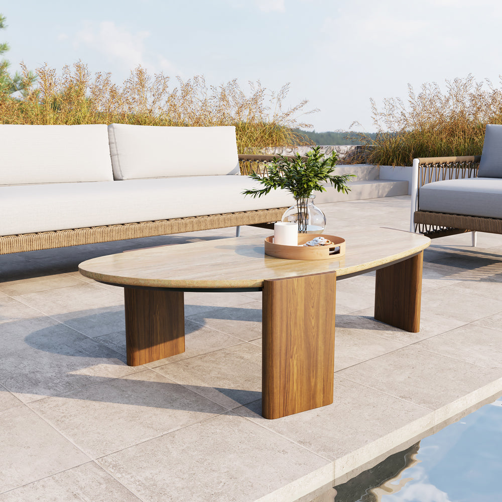 Modern Geometric Beige Outdoor Patio Travertine Coffee Table with Wood Stand in Walnut