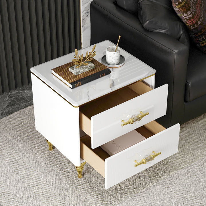 Chift Small Marble Top End Table Modern White Side Table with 2 Drawers Nightstand