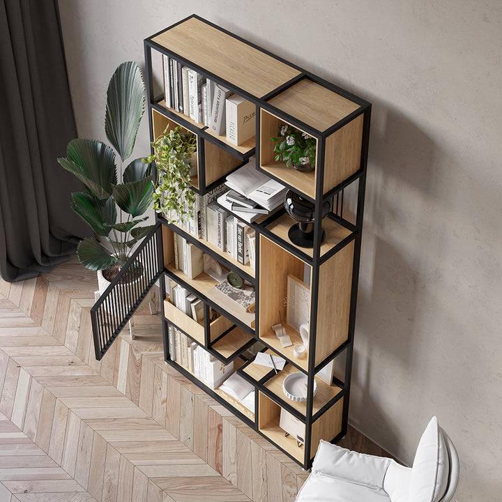 2000mm Modern Black Steel Geometric Bookcase 6-Tier Bookshelf Wooden Tall Book Shelf