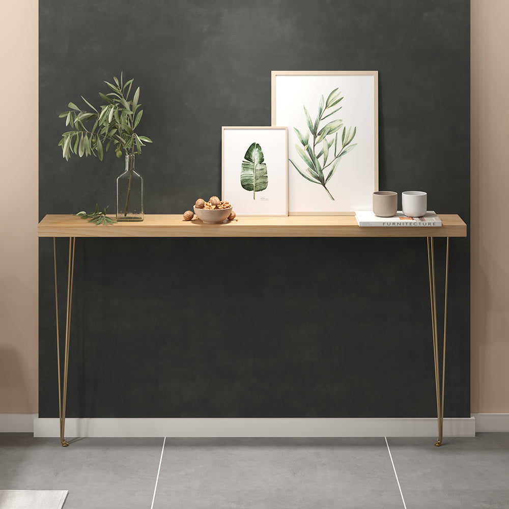 1500mm Rustic Natural Narrow Rectangular Console Table with Wooden Top & Metal Legs