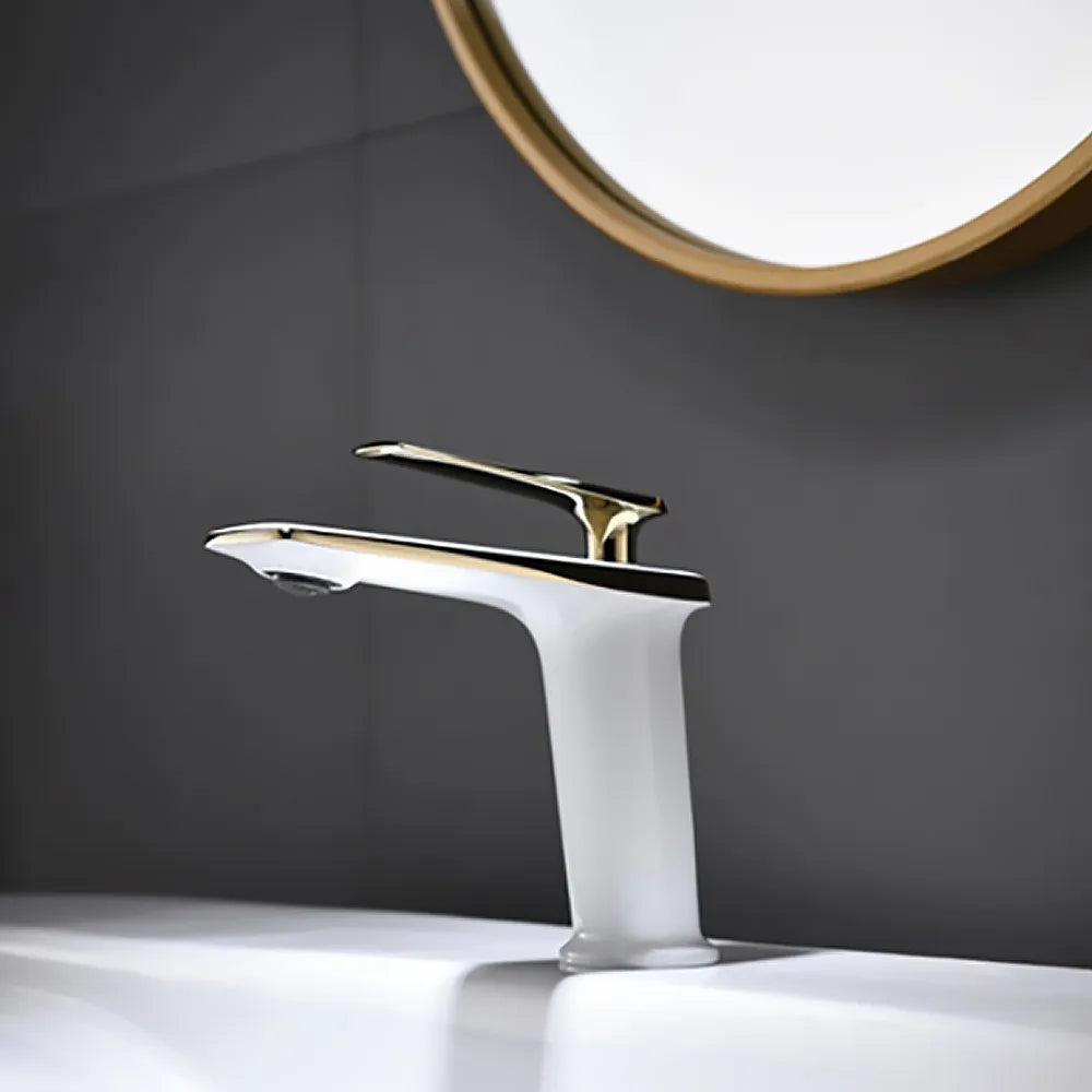 White and Gold Monobloc Single Lever Handle Solid Brass Bathroom Basin Mixer Tap