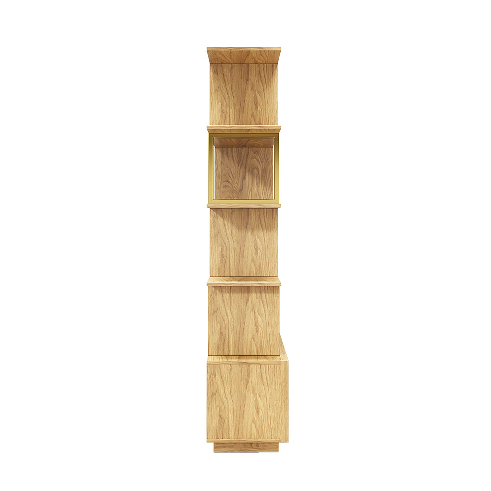 5-Tier Natural Wood Bookshelf with 2 Doors Modern Bookcase in Gold Finish