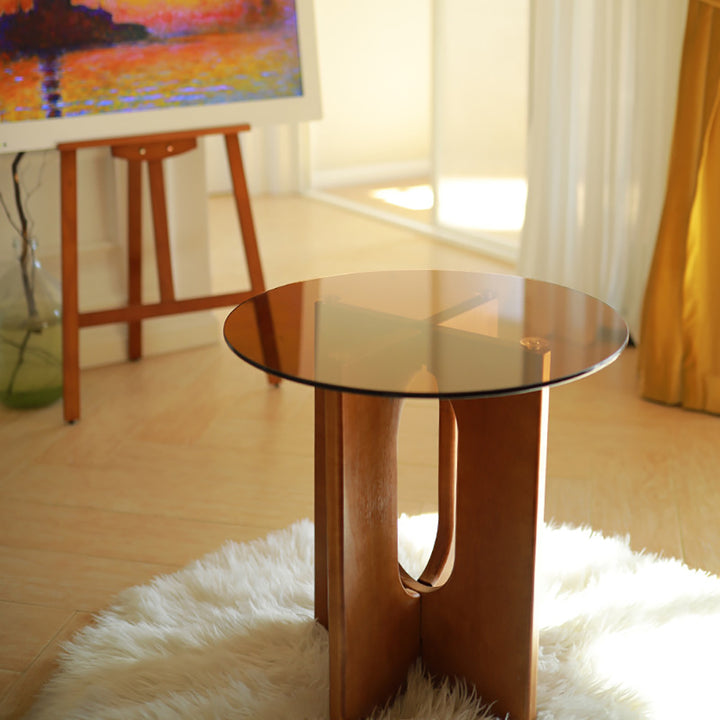 Tea Tempered Glass End Table Solid Wood Side Table