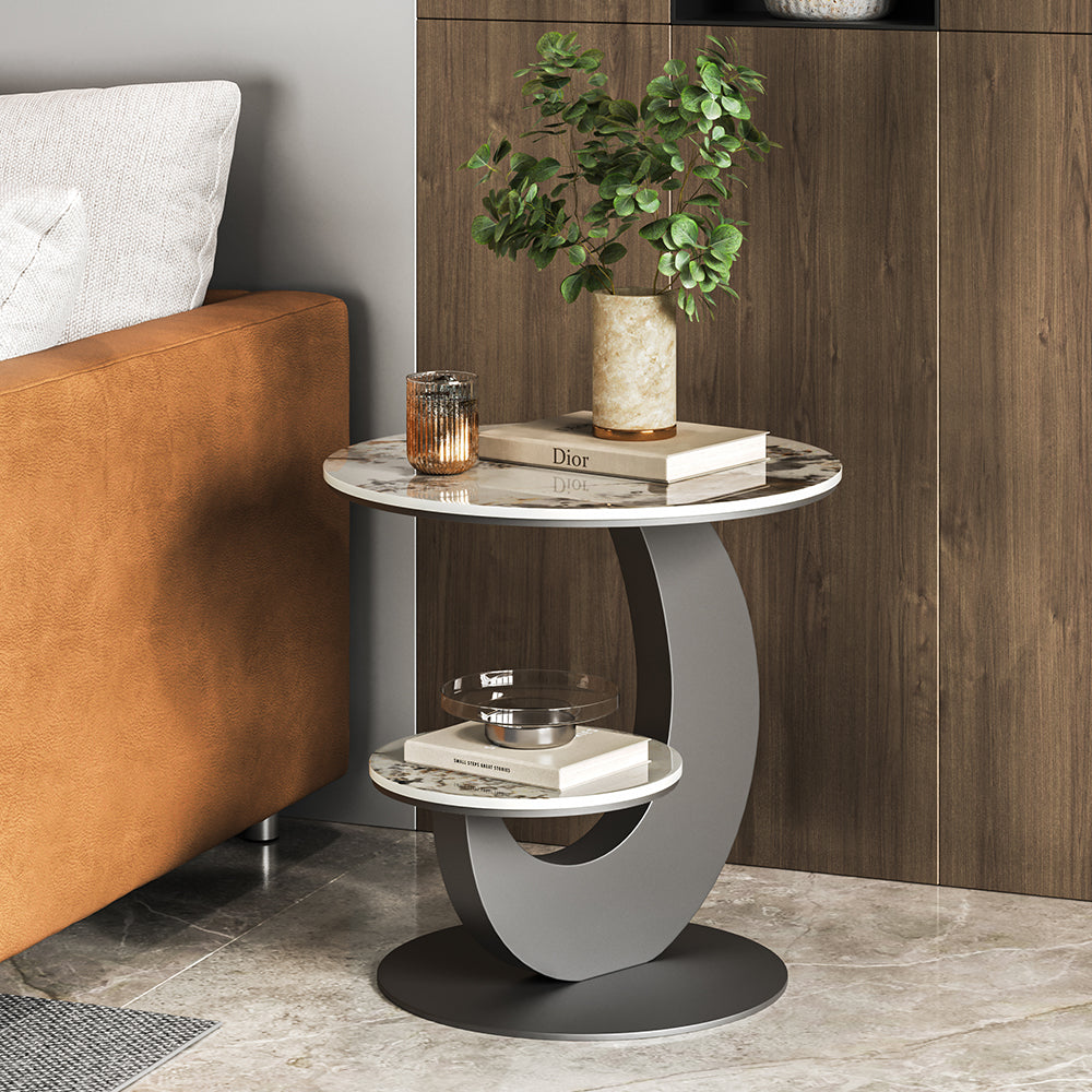 Homary Sintered Stone Side Table 2 Tier Round End Table Modern Simplicity Living Room