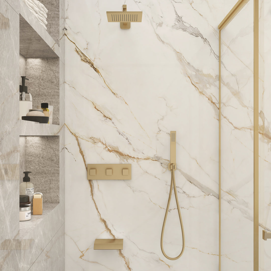 Moda Wall-Mounted 250mm Shower Set in Brushed Gold Rainfall 3 Function Solid Brass