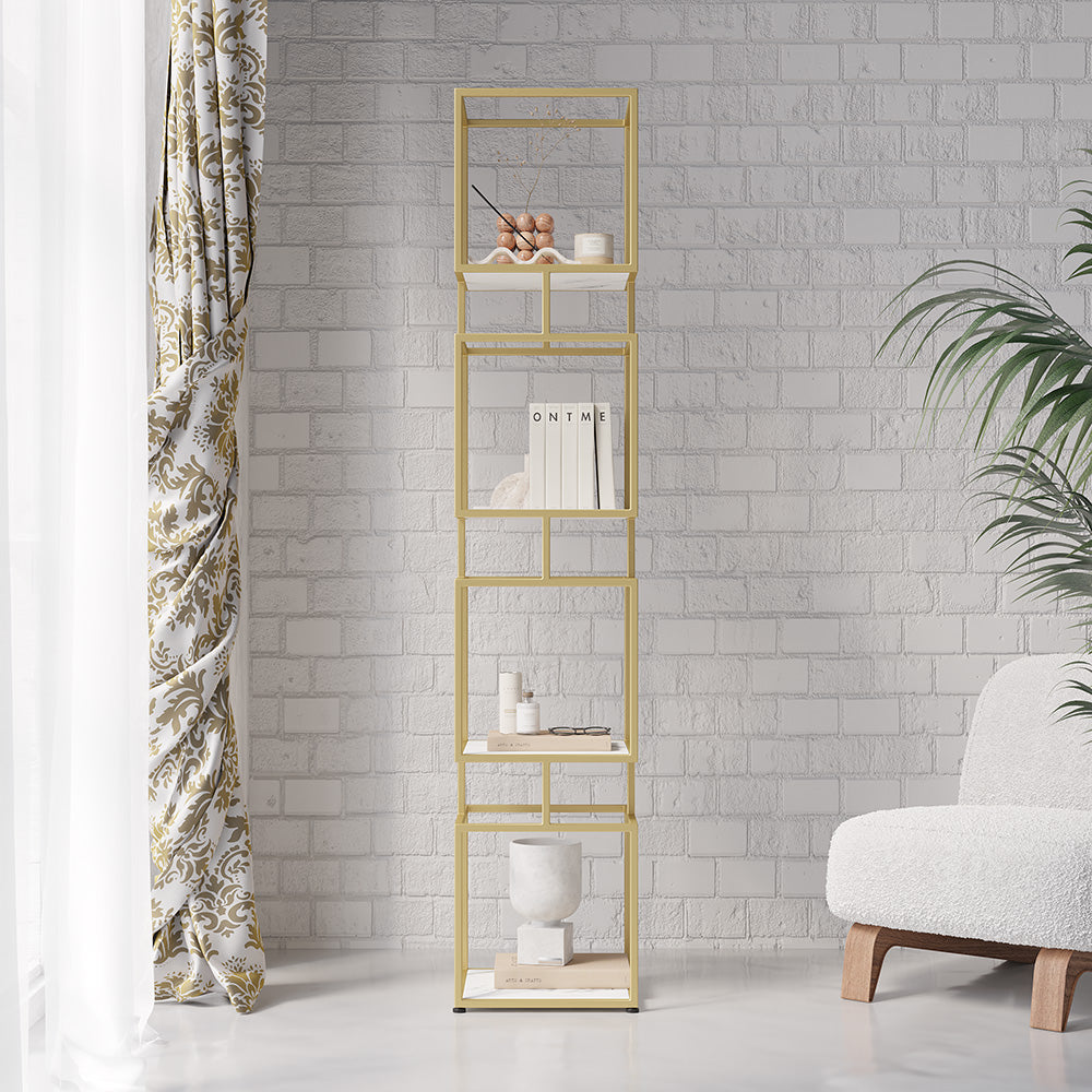 4-Tier Modern Simple Gold Cube Bookcase with Metal Tower Display Tall Wooden Bookshelf