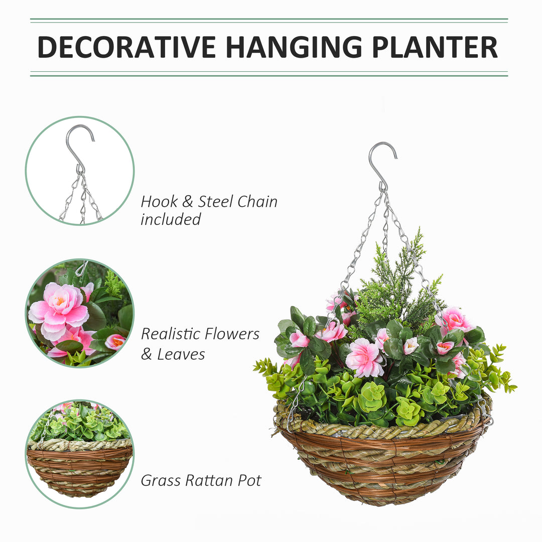 Set of 2 Artificial Plant Lisianthus Flowers Hanging Planter with Basket for Indoor Outdoor Decoration