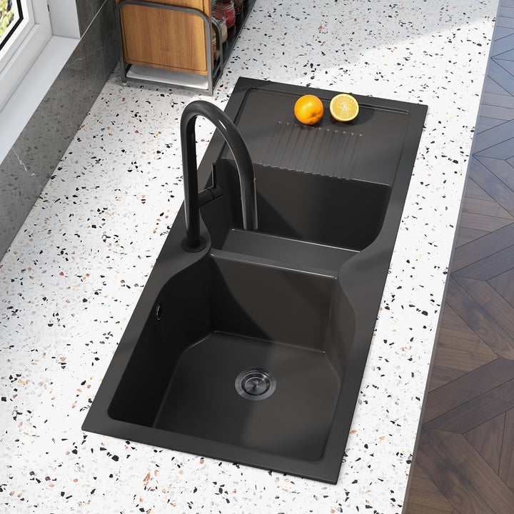 1140mm Black Quartz Kitchen Sink Double Bowl Drop-In Sink with Drain Board