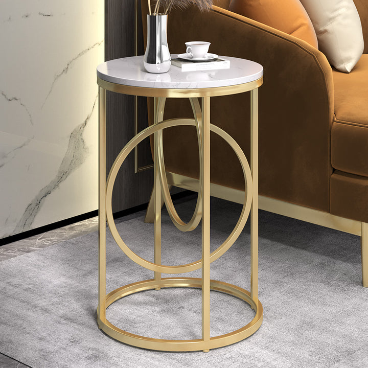 Round Marble Top End Table Modern White Side Table with Metal Frame in Gold