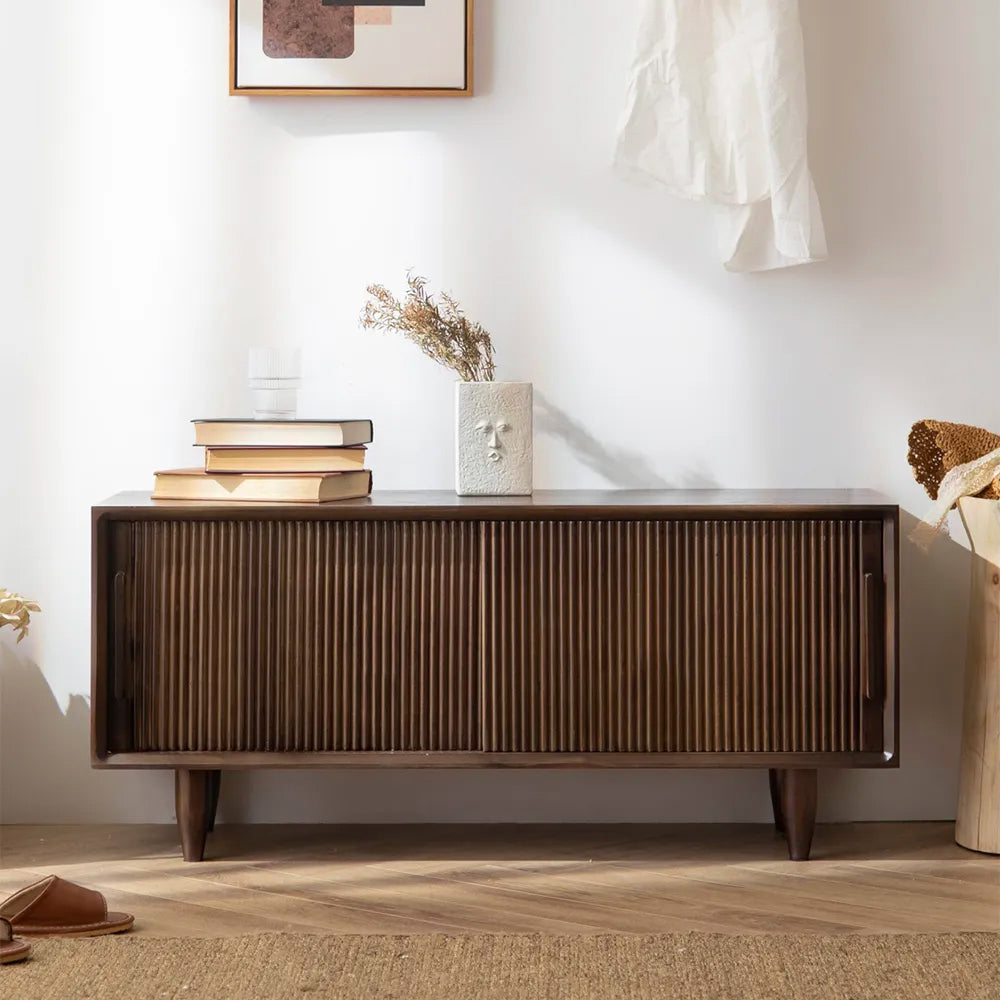 1000mm Modern Storage Bench with Sliding Doors Shelf Walnut Pine Wood