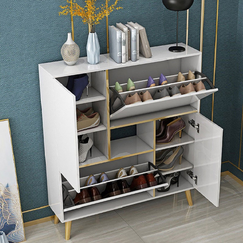 White Modern Shoe Storage Cabinet 17-Pair 2 Doors with Shelves & Pull-Down Drawers