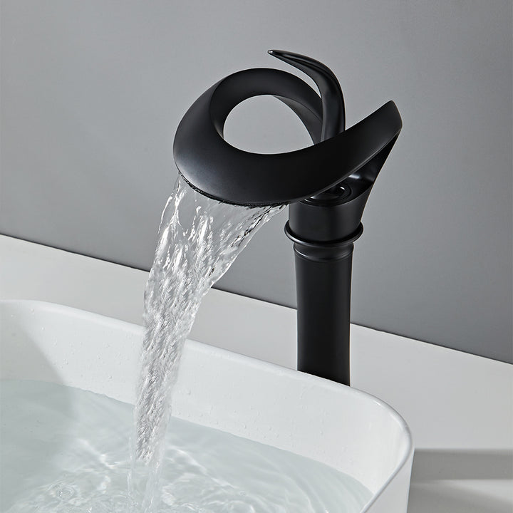 Modern Elegant Waterfall Bathroom Countertop Basin Tap Single Handle Solid Brass Black