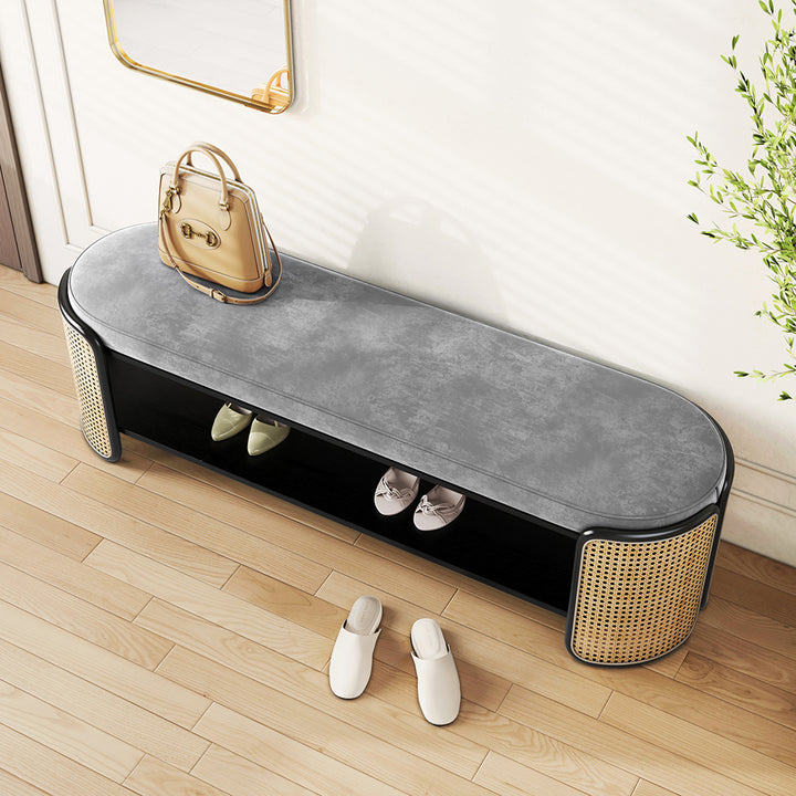 1247mm Rattan Bench Modern Grey & Natural Upholstered Entryway Bench with Shoe Storage